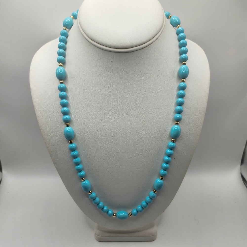 Vintage Faux Turquoise Beaded Necklace Blue Gold Tone Accents Barrel Clasp Avon